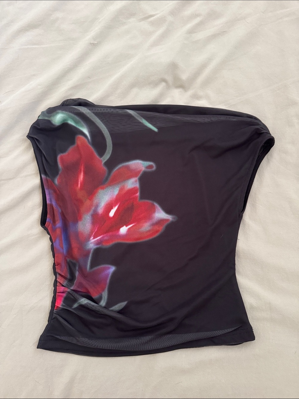 Cider Black Assymetrical Off the Shoulder Top with Red Floral Print